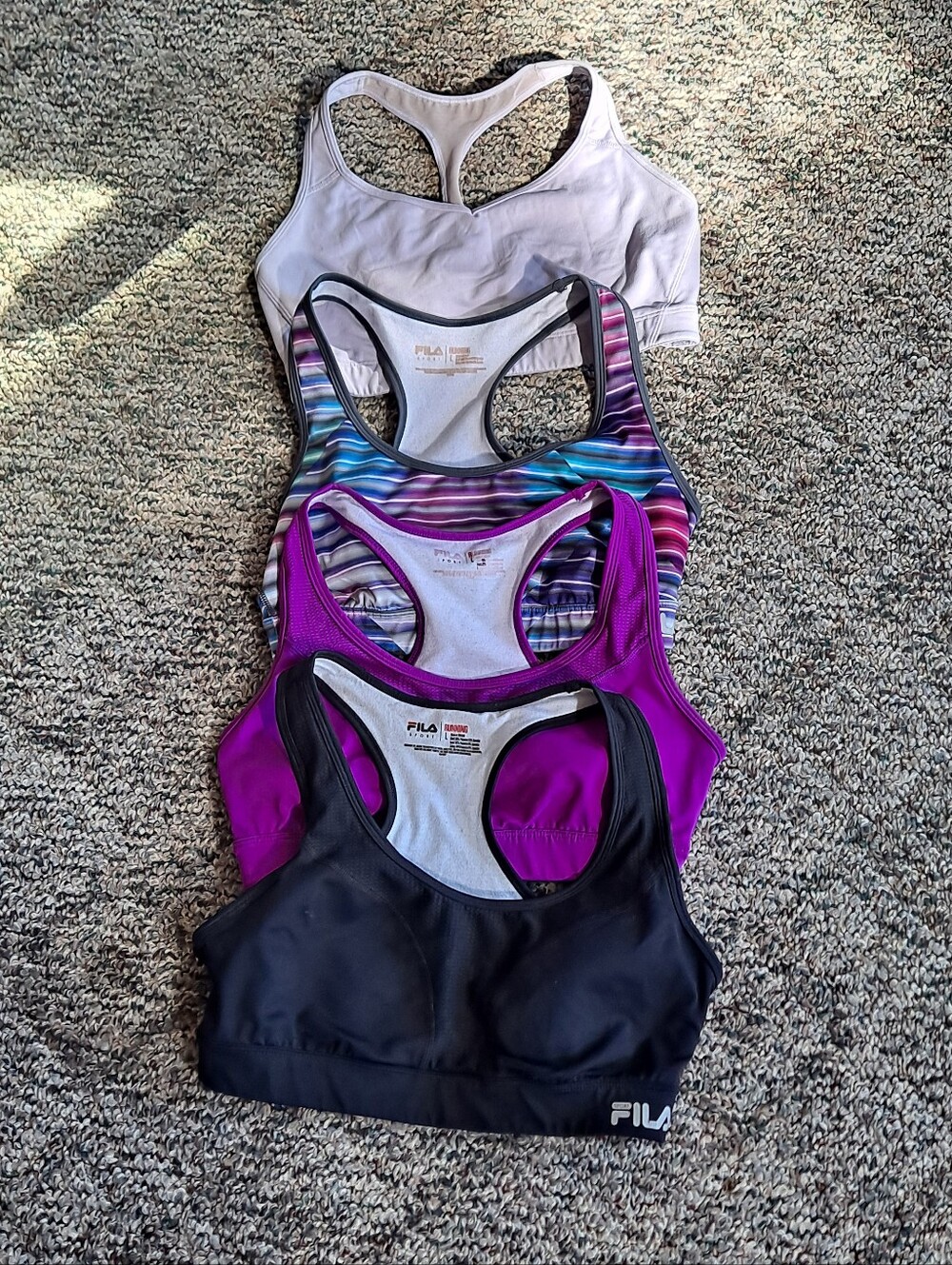 Fila  Racerback Sports Bra Bundle in Black, White, Purple, and Multicolor Stripe